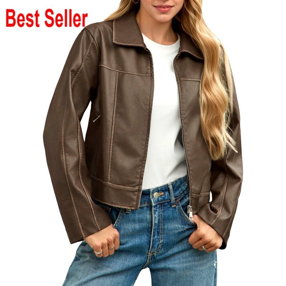 Faux Leather Motorcycle Jacket with Zip Pockets Cropped Aviator Style